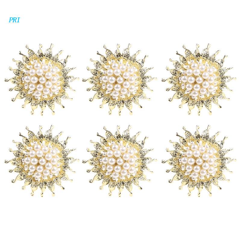 Bộ 6 Vòng Giữ Khăn Ăn Bằng Kim Loại Hình Hoa Hướng Dương Đính Ngọc Trai Handmade Độc Đáo Trang Trí Bàn Ăn / Tiệc Cưới