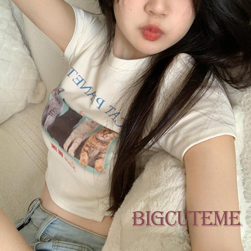 Áo Thun Crop Top Tay Ngắn Cổ Tròn In Hình Mèo Ôm Dáng Cho Nữ