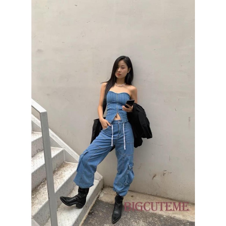 [] - Áo Ống Denim Nữ Hình Xương Cá Thắt Dây Trước Sau Màu Xanh Dương Y2K Phong Cách Hàn Quốc