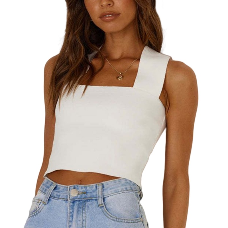 Áo Croptop Dệt Kim Sát Nách Màu Trơn Cổ Vuông Ôm Dáng Gợi Cảm Cho Nữ