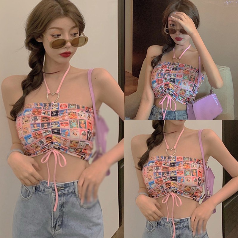 Áo Croptop Hai Dây Dáng Ôm In Họa Tiết Phong Cách Hàn Quốc Quyến Rũ Cho Nữ
