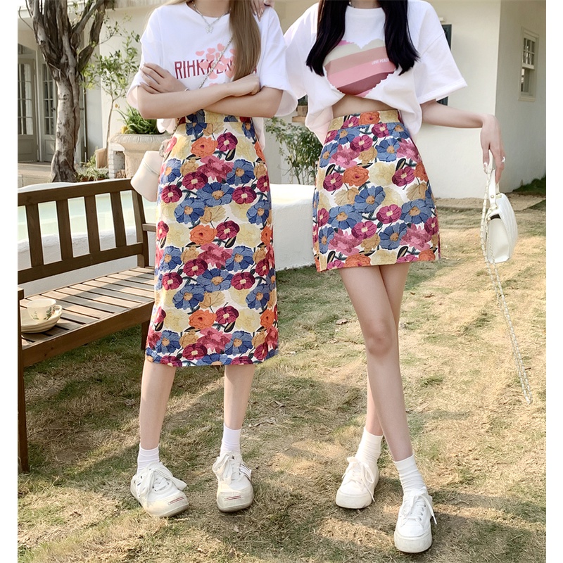 Chân váy SUXI dáng chữ A lưng cao họa tiết hoa phong cách cổ điển cho nữ