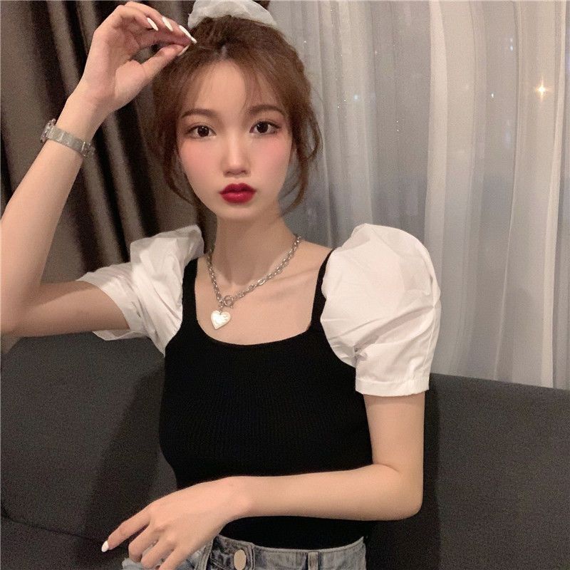 áo croptop dệt kim tay ngắn len trễ vai nữ cổ vuông dáng ôm thời trang mùa hè 2023 phong cách cổ điển dành cho bạn nữ