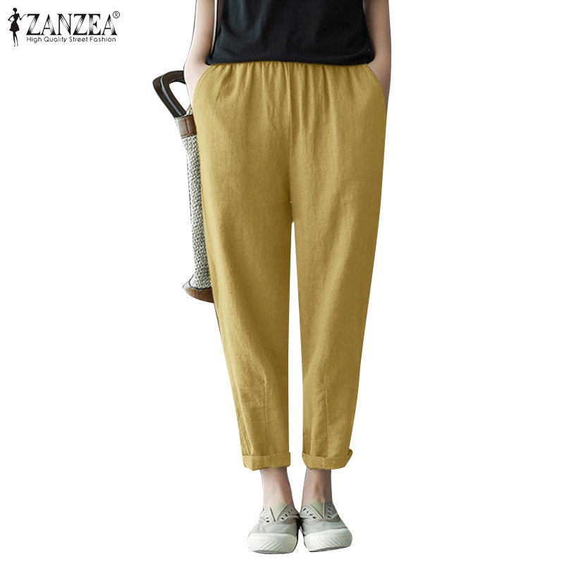 Quần dài ZANZEA lưng thun màu trơn phong cách Hàn Quốc thời trang cho nữ