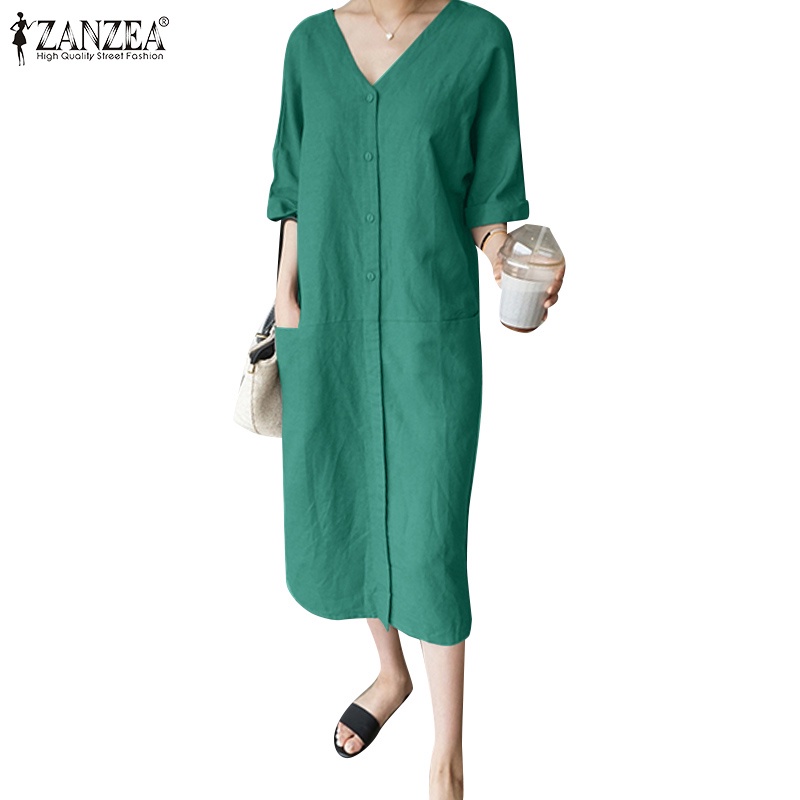 Đầm nữ ZANZEA cổ chữ V có túi thời trang Hàn Quốc