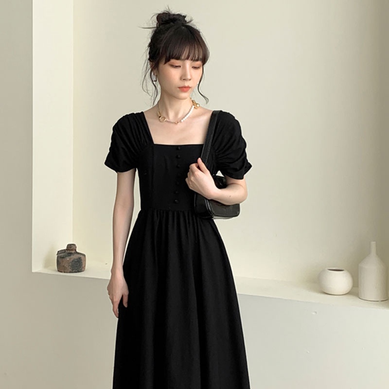 SUXI Đầm Midi Tay Ngắn Màu Đen Phong Cách Vintage Thời Trang Mùa Hè Cho Nữ