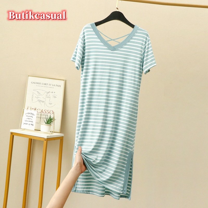 Đầm Cotton Modal Dáng Rộng Tay Ngắn Cổ Chữ V Lưng Đẹp Thoải Mái Mùa Hè Cho Nữ