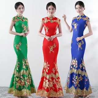 + Nhẹ nhàng Sang Trọng Người Nổi Tiếng Cao Quý Sườn Xám Cô Dâu Bánh Mì Nướng Quần Áo Phiên Bản Cải Tiến Retro Slim fit Đuôi Cá Sàn Catwalk Sườn Xám Dài Hàng Năm Hiệu Suất Họp