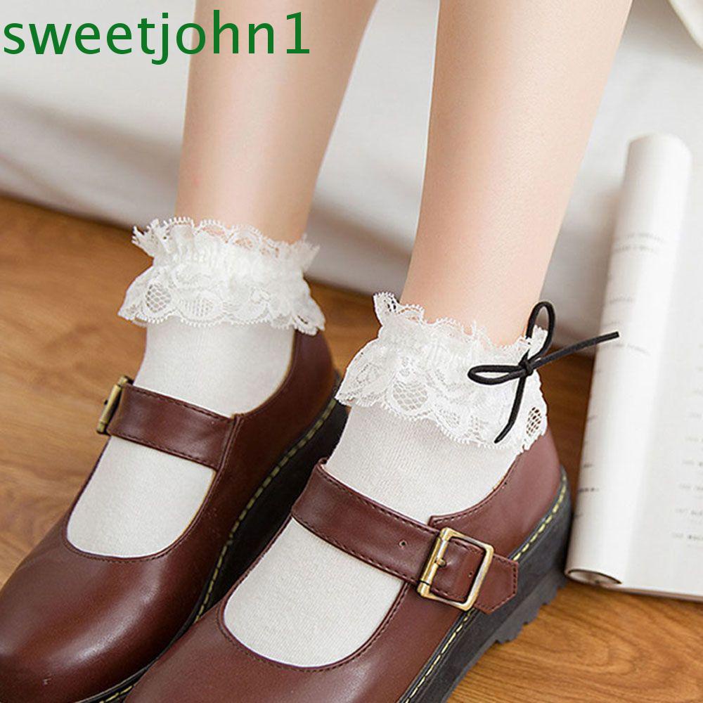 Vớ nữ ngắn bằng cotton đính nếp xếp ren phong cách Lolita