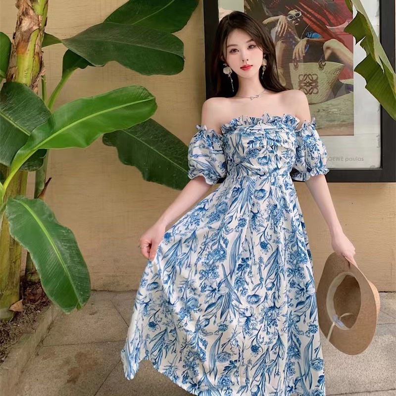 Đầm Ngắn Hai Dây Không Đều Họa Tiết Hoa Màu Xanh Dương Phong Cách Hàn Quốc Kiểu Mới Cho Nữ