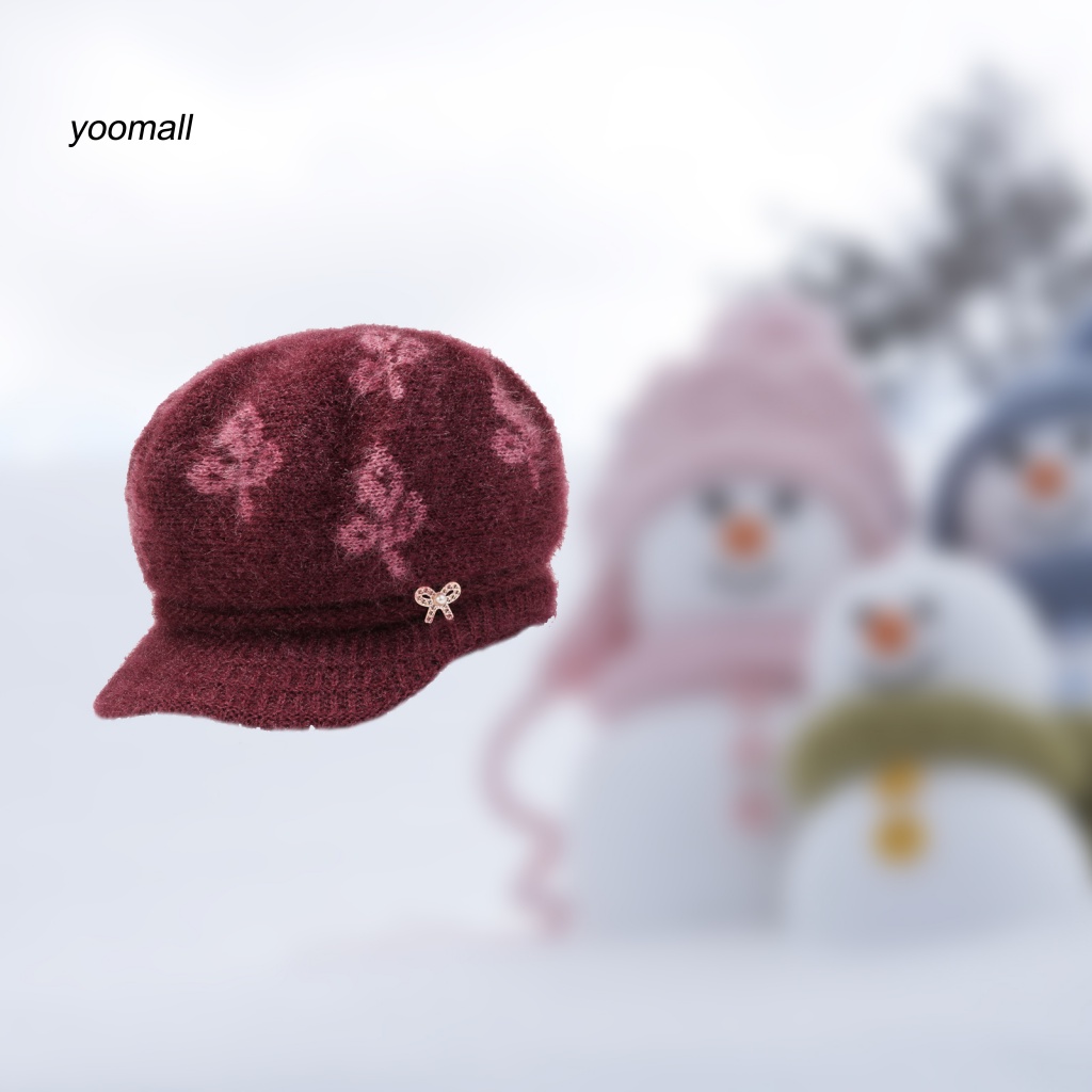 Yo / Mũ Dệt Kim Đính Nơ Ngọc Trai Giả Lót Lông Dày Dặn Co Giãn Chống Lạnh Giữ Ấm Mùa Đông Cho Phụ Nữ Trung Niên