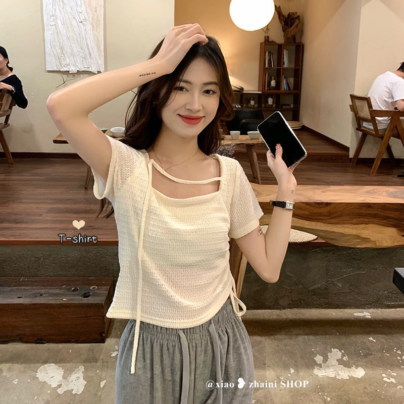 Áo Thun Ngắn Tay Cổ Vuông Dáng Rộng Phối Dây Rút Lệch Tà Kiểu Phương Tây Thời Trang Mùa