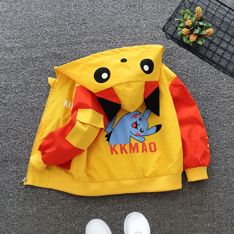 Áo Khoác Chống Gió Có Nón Và Khóa Kéo In Hình Pikachu Chống Nước Cho Bé