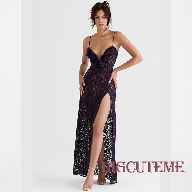 [] - Đầm Dài Hai Dây Phối Ren Hoa Xẻ Tà Gợi Cảm Đi Tiệc Mùa Hè Cho Nữ