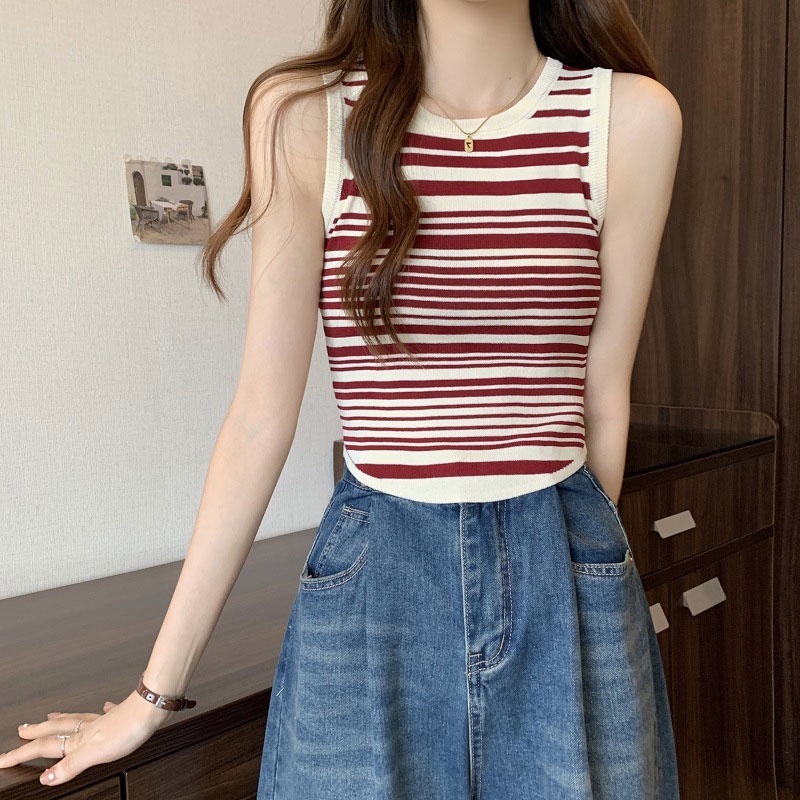 Áo Hai Dây Dệt Kim Dáng Ngắn Họa Tiết Kẻ Sọc Thời Trang Cho Nữ