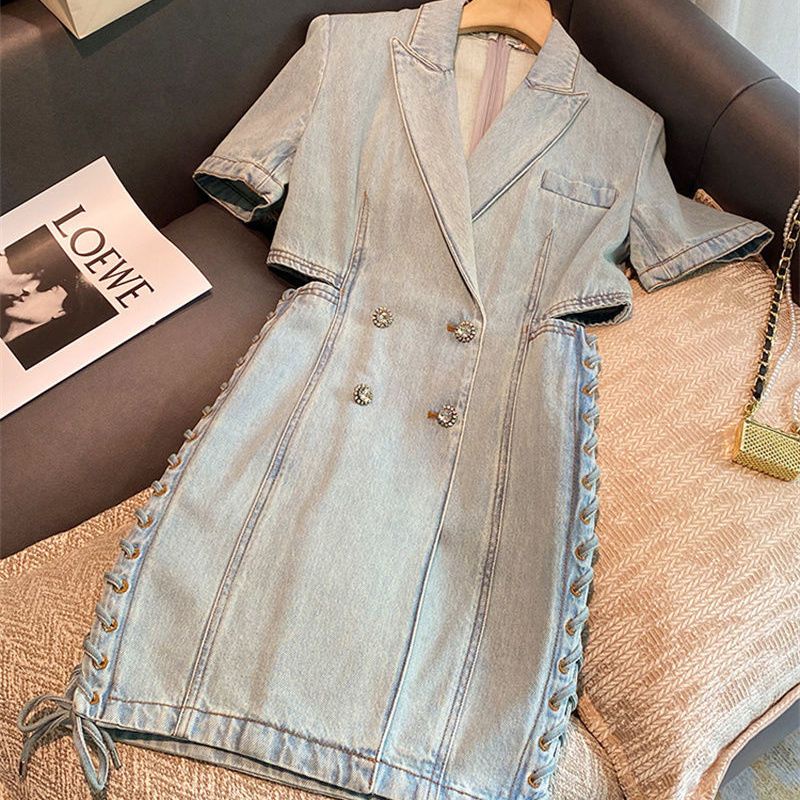 Đầm Denim Trễ Vai Thắt Dây Eo Phong Cách Retro Thời Trang Mùa Hè Hàng Mới 2022 Dành Cho Bạn Nữ