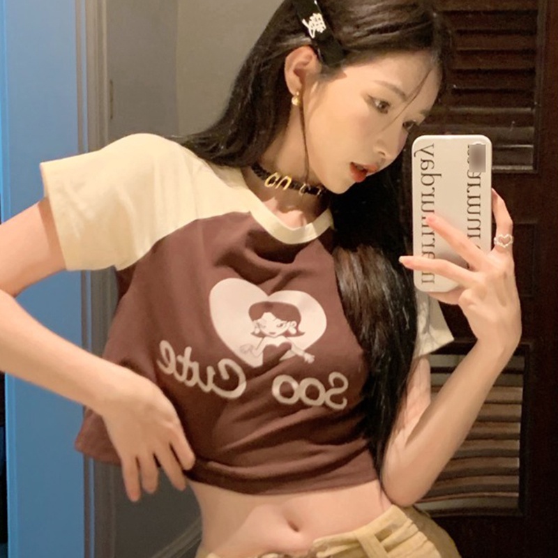 IELGY Áo Thun Tay Ngắn Dáng Ôm Màu Sắc Tương Phản Thời Trang Cho Nữ