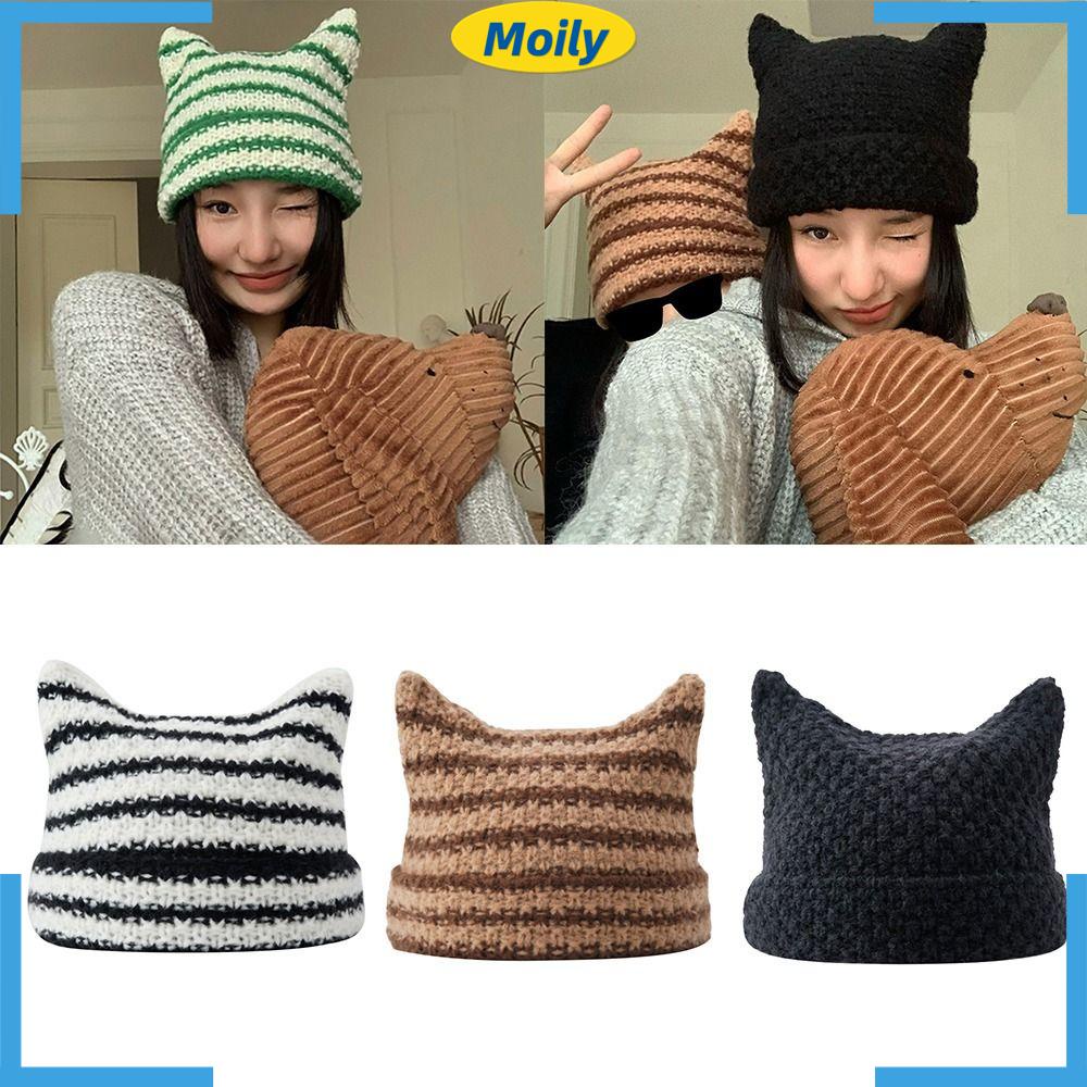 Mũ Beanie Tai Mèo Họa Tiết Kẻ Sọc Phong Cách Nhật Bản Dễ Thương