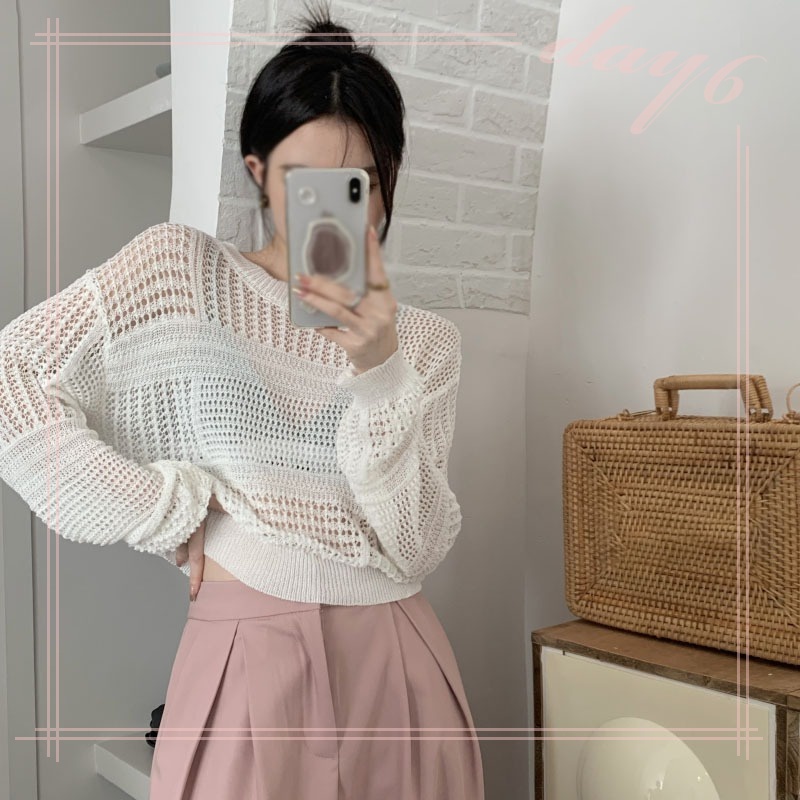 Áo Thun Tay Dài Cổ Tròn Phối Lưới Thoáng Khí Thời Trang Phong Cách Hàn Quốc Cho Nữ