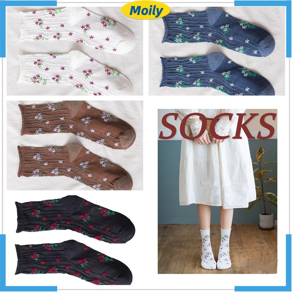 Đôi tất trơn phối ren hoa đơn giản phong cách Nhật Hàn nhiều màu sắc tùy chọn cho nữ