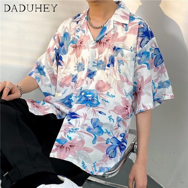 DaDuHey Men's and Women's 2023 New Floral Chiffon Short-Sleeve Shirt Summer Fashion Trend Hawaiian Style Loose Shirt