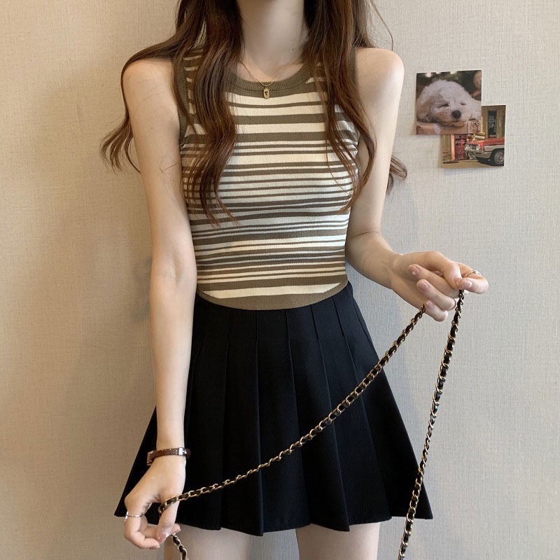 Áo Hai Dây Dệt Kim Dáng Ngắn Họa Tiết Kẻ Sọc Thời Trang Cho Nữ