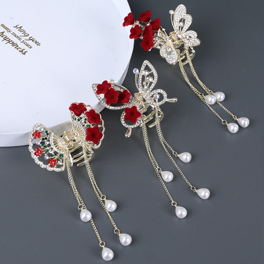 Kẹp Tóc Tua Rua Hình Hoa &amp; Bướm Bằng Hợp Kim Đính Kim Cương Giả Kiểu Hàn Quốc Cho