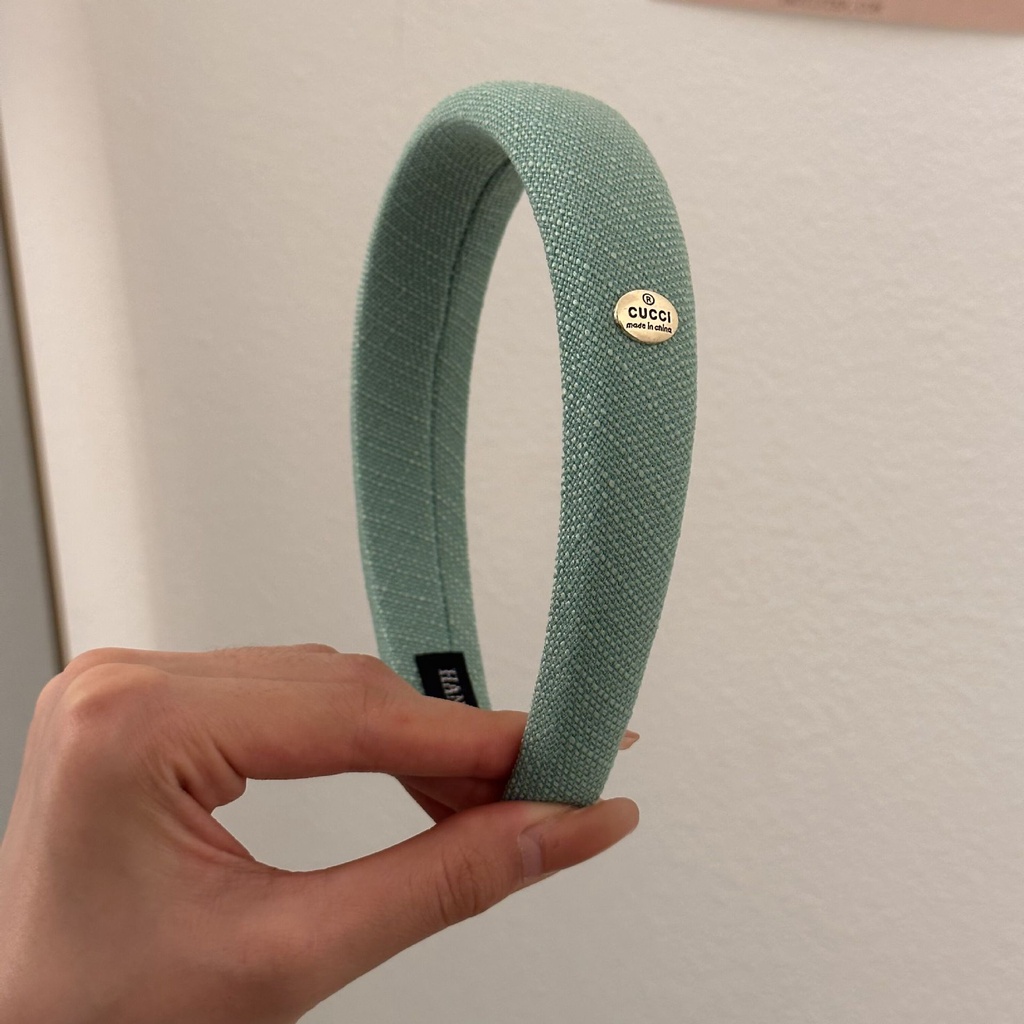 Băng Đô Cài Tóc Bằng Cotton Màu Trơn Đính Nhãn Kim Loại Tròn Cao Cấp Phong Cách Pháp Cho Nữ