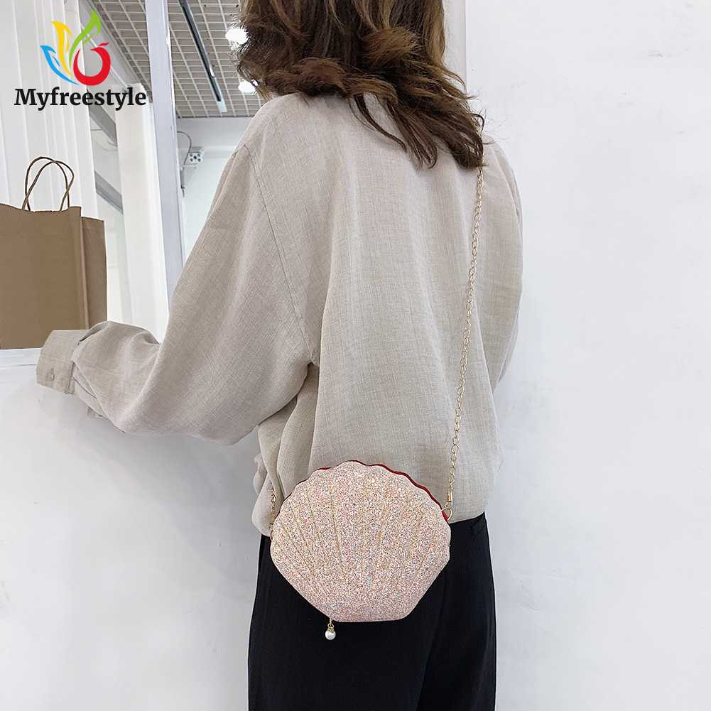 Túi Đeo Chéo Đính Kim Sa Lấp Lánh Hình Vỏ Sò Dễ Thương Kèm Dây Đeo Sợi Xích Thời Trang Cho Nữ