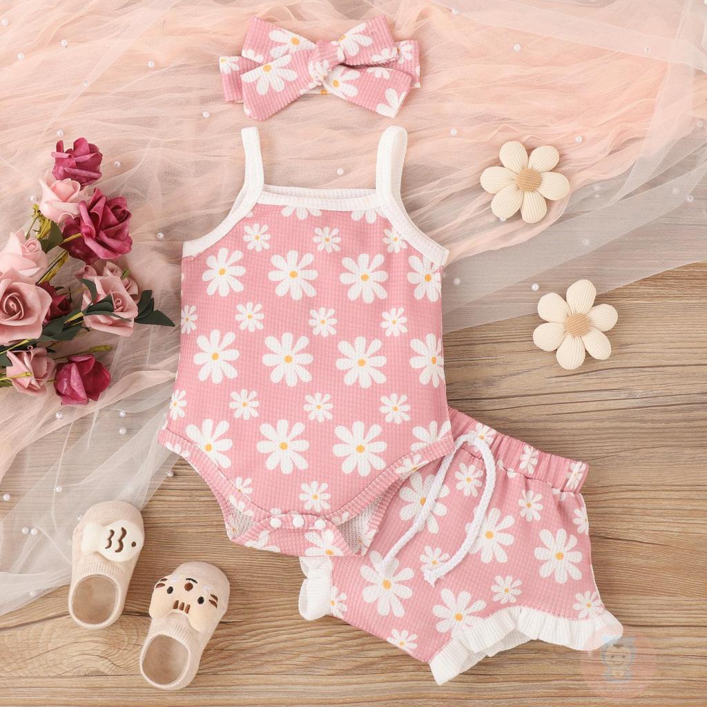 Set Áo Liền Quần Hai Dây + Quần Short In Hoa / Cầu Vồng + Băng Đô Cài Tóc Thời Trang Mùa Hè