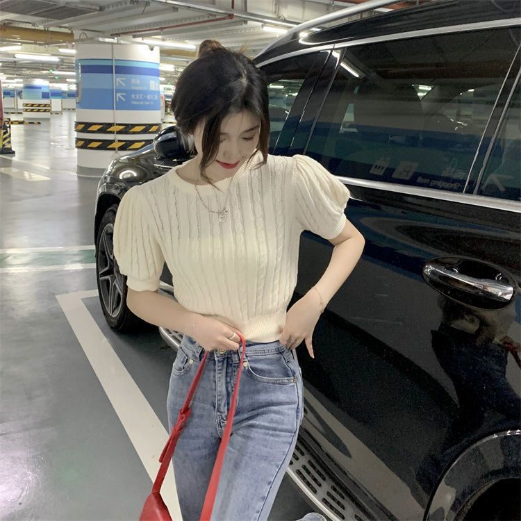 IELGY   Áo Dệt Kim Tay Ngắn Dáng Ôm Phối Nơ Thời Trang Cho Nữ