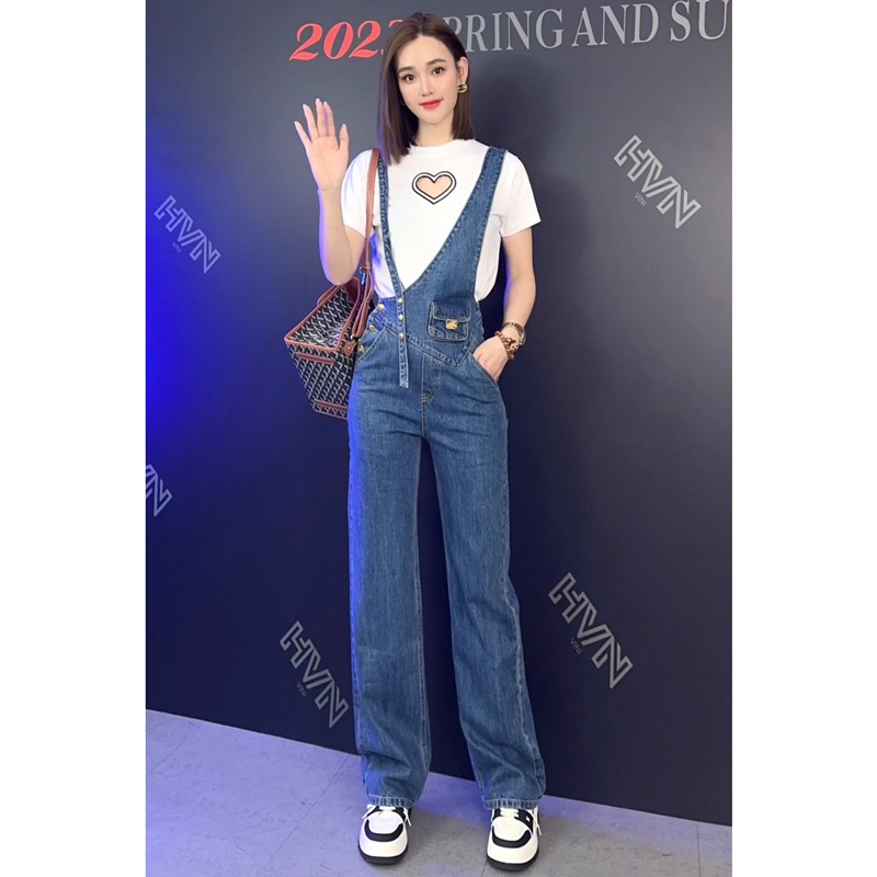 Bách đáp Hollow Out Pattern ngắn tay áo T-shirt Vintage dây đeo quần jean cá tính giản dị thẳng quần ống hai m
