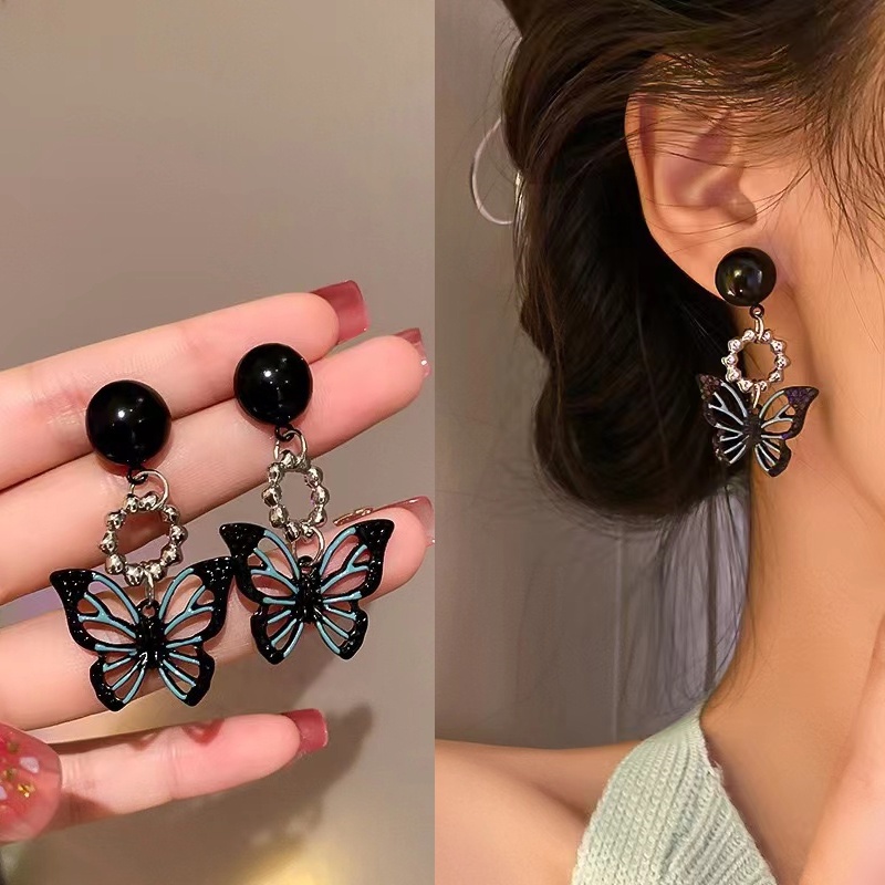 Bông Tai Bạc 2022 Họa Tiết Bướm Màu Đen Ngọt Ngào Phong Cách retro