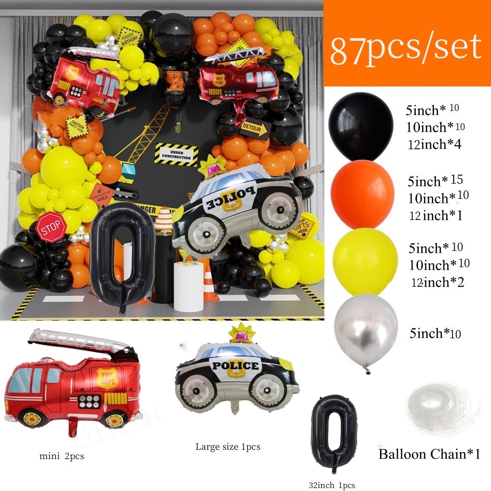 Set 87 Bong Bóng Cao Su Màu Vàng / Cam / Đen Chủ Đề Cảnh Sát / Xe Cứu Hỏa Trang Trí Tiệc Sinh Nhật Cho Bé