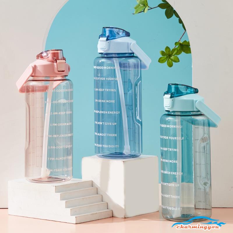 Bình đựng nước thể thao tập gym đi học từ 2 lít chai nhựa 2l chia vạch tặng dây đeo vòi ống hút