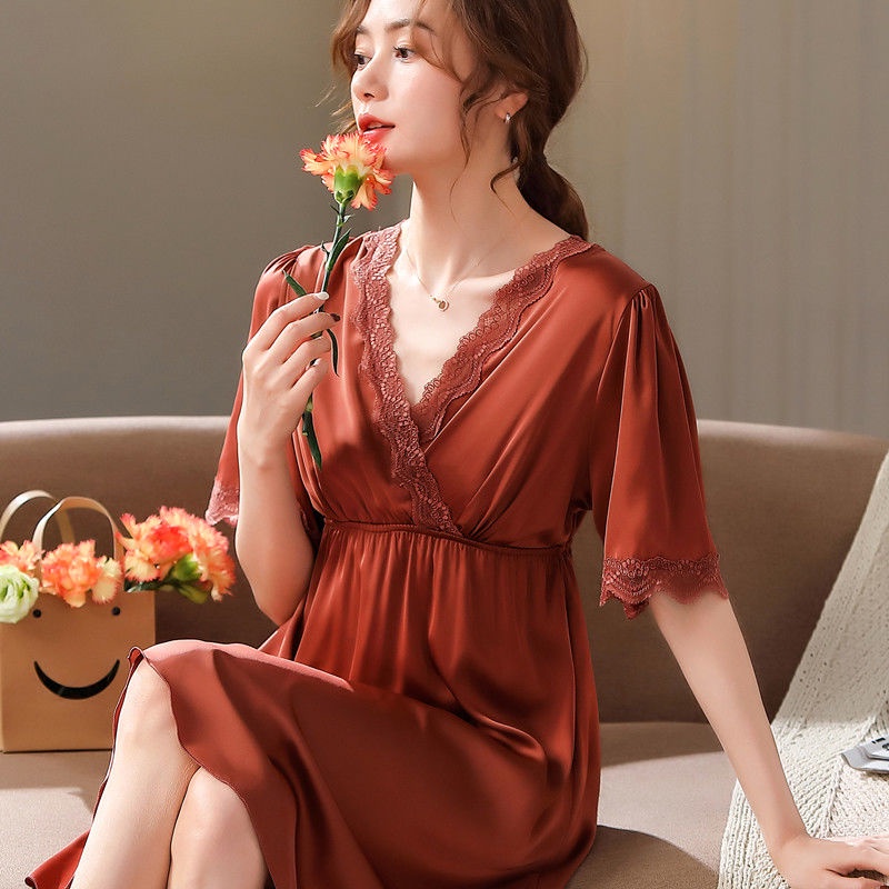 Đầm Ngủ Lụa Tay Ngắn Viền Ren Mỏng Thoải Mái Thời Trang Xuân Thu Kiểu Công Chúa Mới