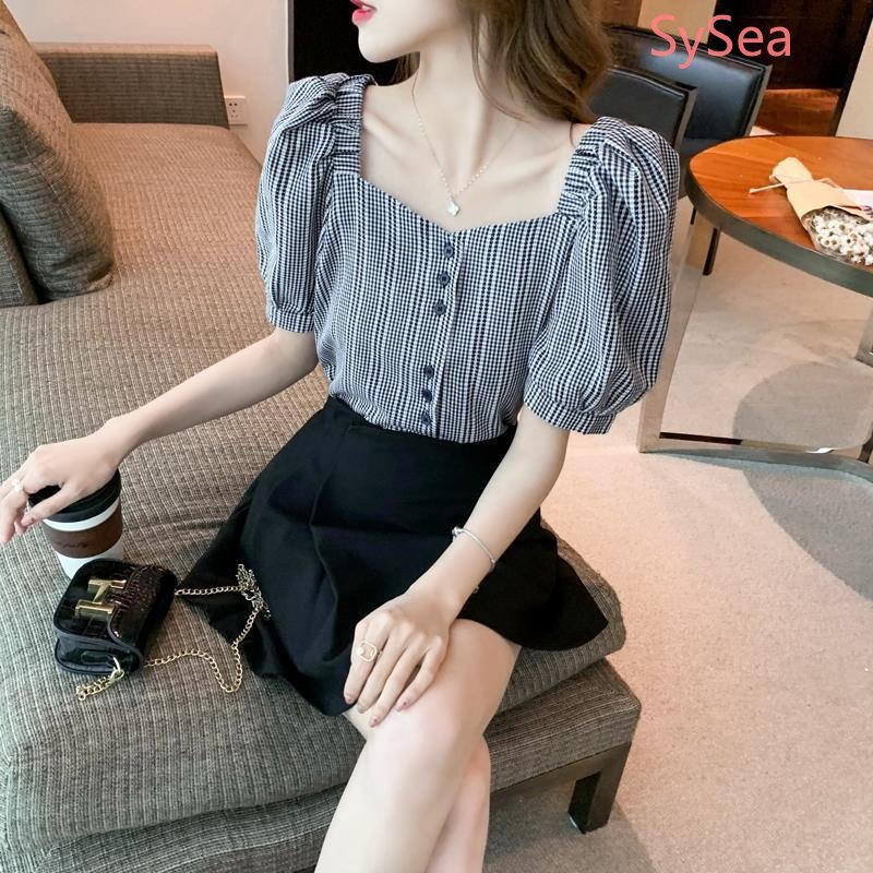 Áo Kiểu Tay Phồng Cổ Vuông Phong Cách Retro Pháp Cho Nữ