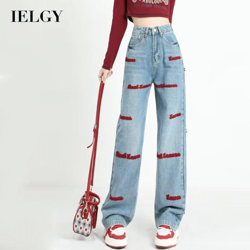 IELGY   Quần Dài Ống Rộng Lưng Cao Thêu Họa Tiết Phong Cách Đường Phố Mỹ Thời Trang Cho Nữ