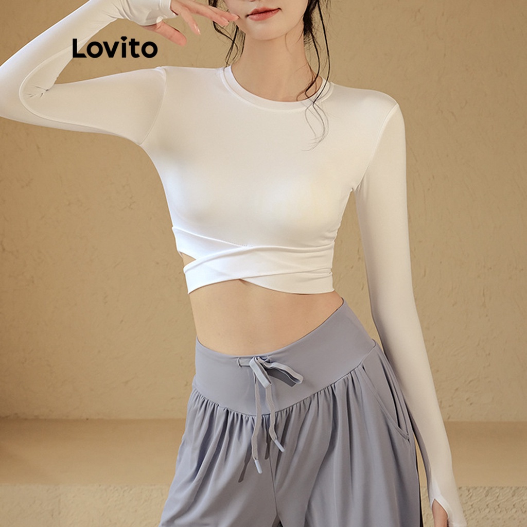 Áo thun Lovito thể thao màu trơn đan dây chéo nhanh khô L06160 (màu trắng)