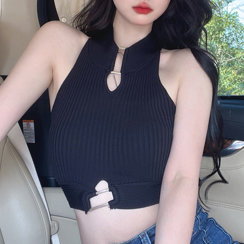 Áo Dệt Kim Sát Nách Dáng Ngắn Khoét Cổ Thời Trang Mùa Hè Quyến Rũ Cho Nữ