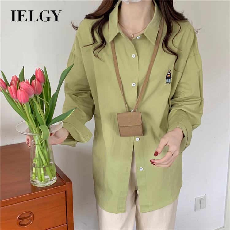 IELGY    Áo Thun Tay Dài Thêu Hình Gấu Thời Trang Dành Cho Nữ