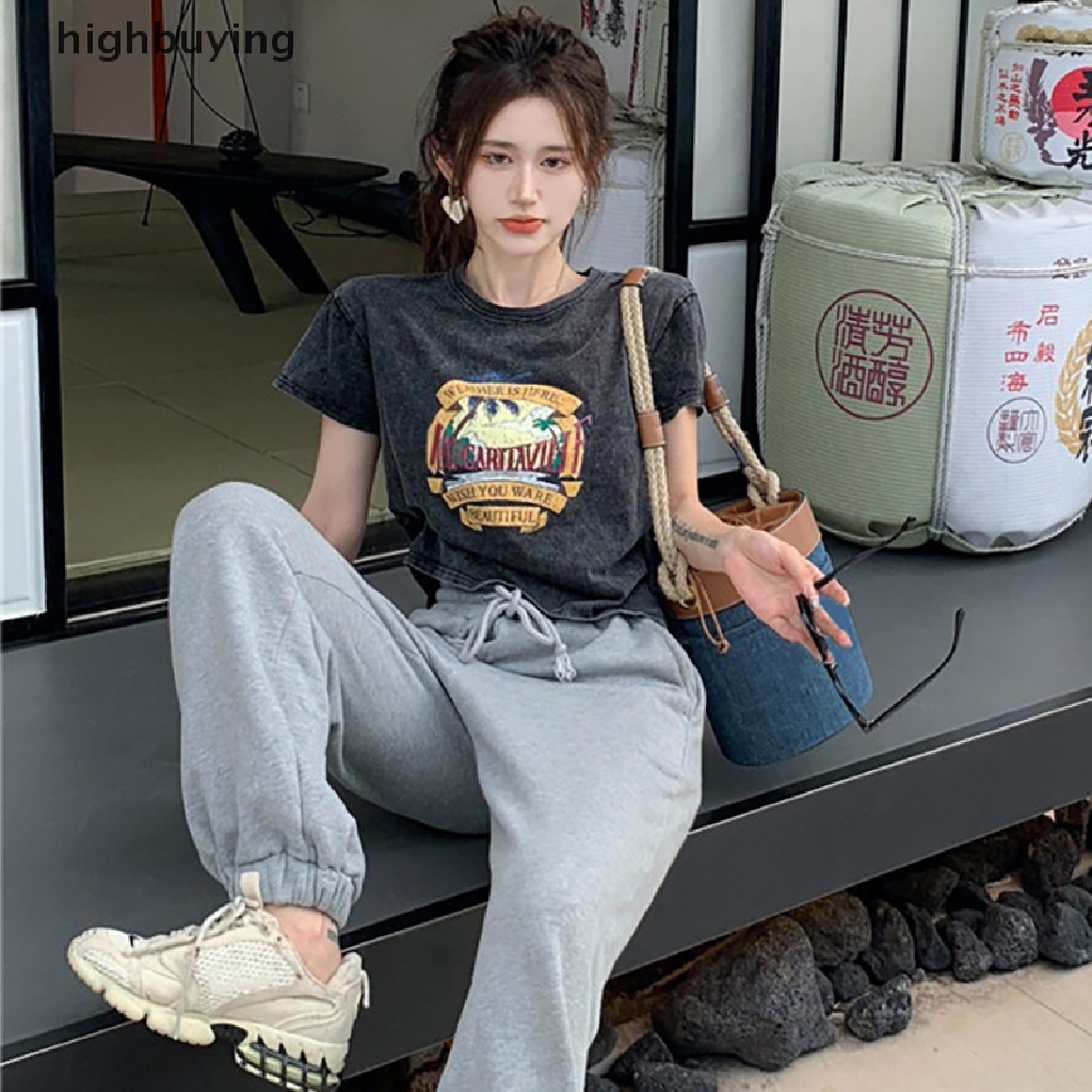 Áo Thun Croptop Tay Ngắn Cổ Tròn Dáng Rộng In Họa Tiết Kiểu Retro Mỹ Xinh Xắn Cho Nữ