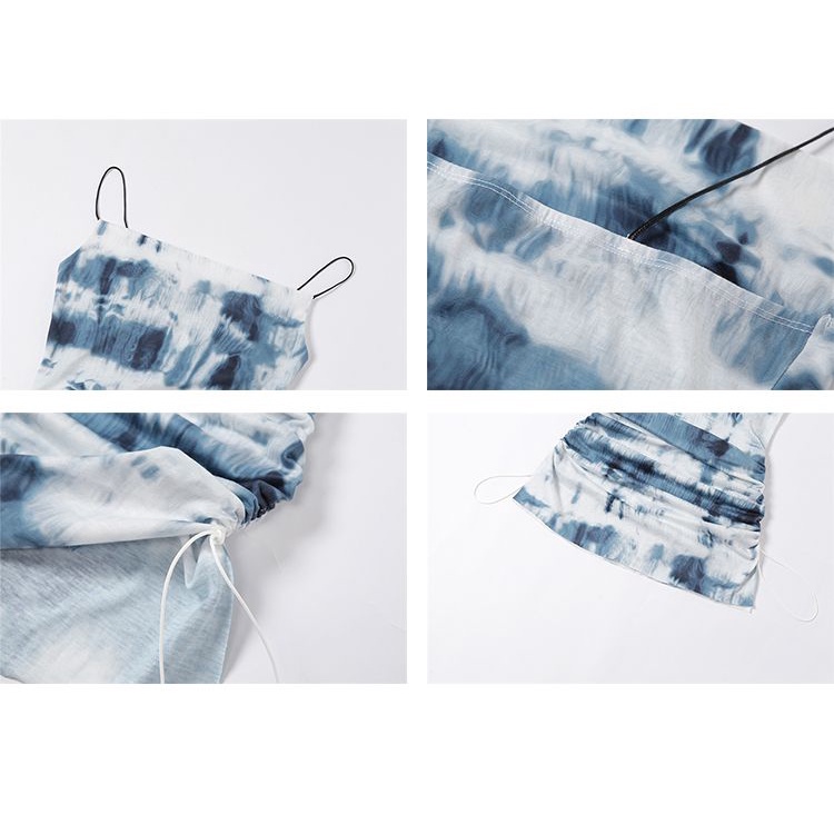 Sylcue Niche Váy Hai Dây Nhuộm Màu Retro Ôm Eo Xếp Ly Xẻ Tà Ôm Hông Đơn Giản Hot bi Cho Nữ