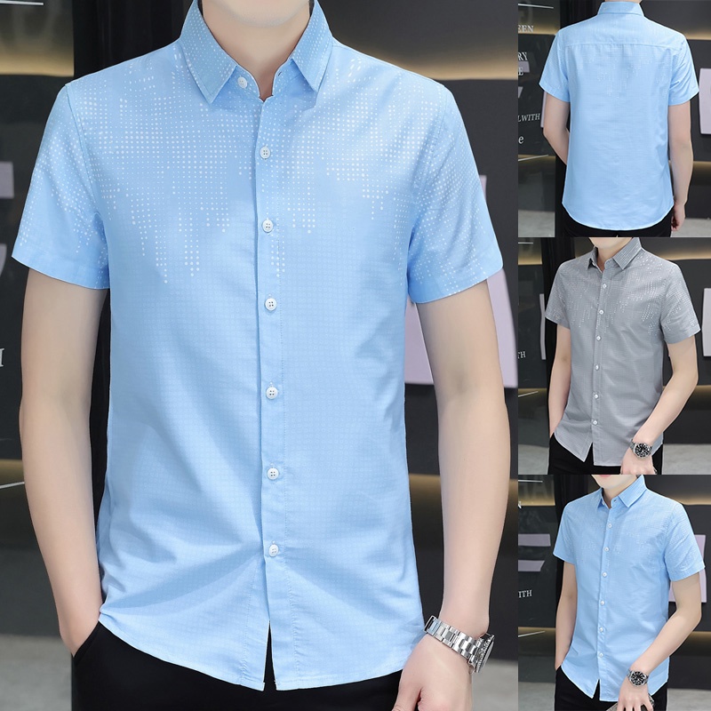 Áo Sơ Mi Trơn Tay Ngắn Dáng Ôm Cài Nút Màu Trơn / Xanh Dương / Xám In Họa Tiết Chấm Bi Phong Cách Hàn Quốc Thời Trang Mùa Hè