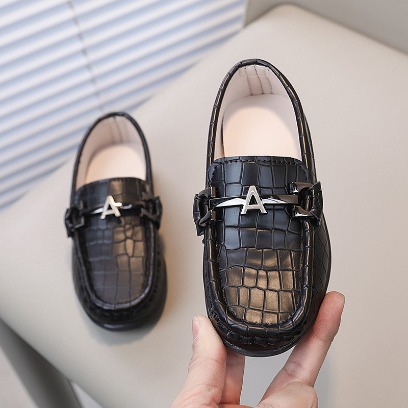 Giày Lười Da Đế Bằng Phối Dây Xích Kim Loại Kiểu Cổ Điển Thời Trang Dự Tiệc Cưới Cho Bé Trai