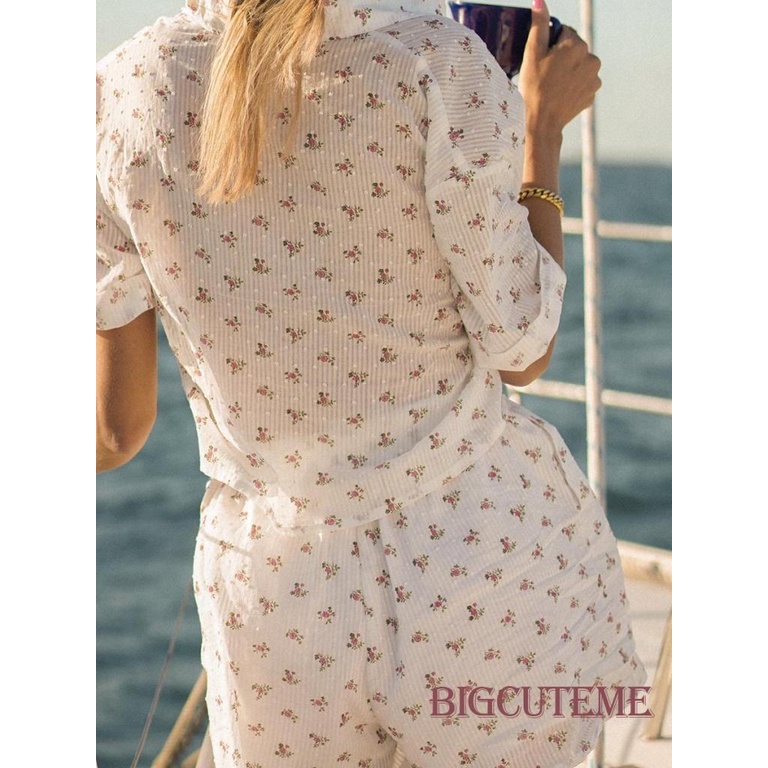 Set Đồ Mùa Hè 2 Món Gồm Áo Sơ Mi Tay Cộc Cài Nút In Họa Tiết Hoa + Quần Ngắn Dáng Rộng Co Giãn Cho Nữ