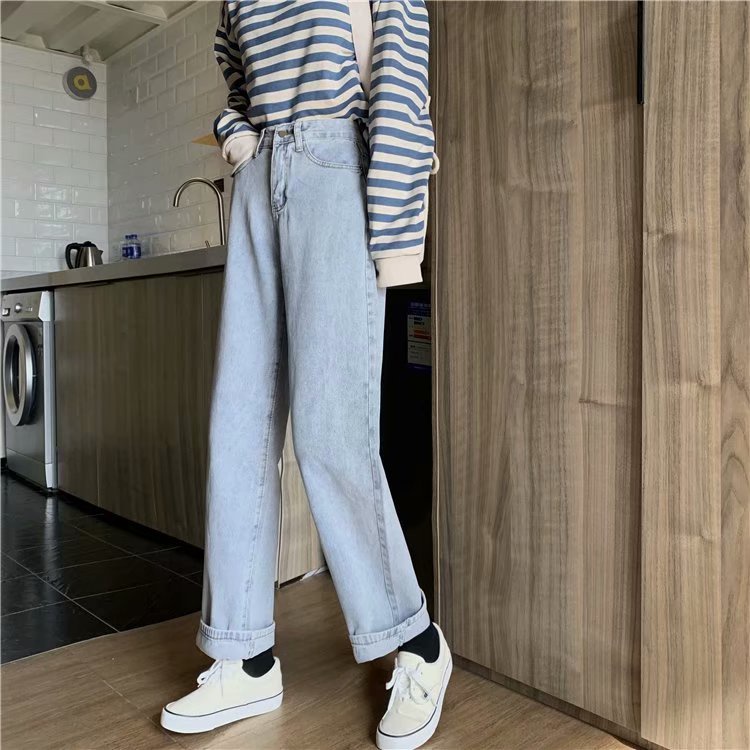 IELGY   Quần Jean Dài Lưng Cao Dáng Rộng Màu Sắc Tươi Sáng Thời Trang Cho Nữ