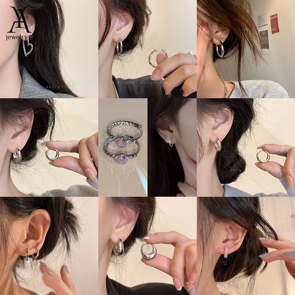 Khuyên tai tròn AY họa tiết trái tim đính đá thời trang