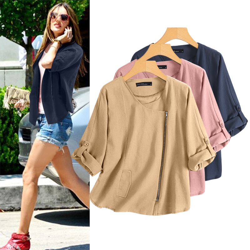 Áo khoác cardigan ZANZEA ngắn tay cổ thuyền phối khóa kéo thời trang đường phố cho nữ
