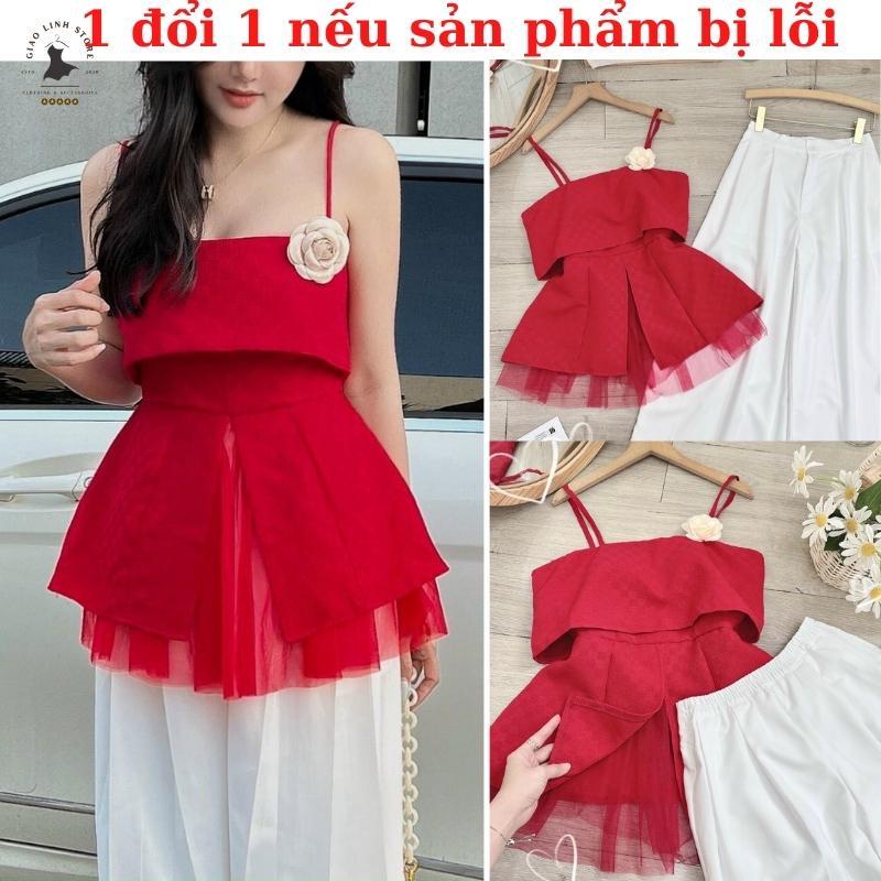 Set bộ đi chơi sang chảnh áo 2 dây đỏ bo chun có mút mix quần ống loe trắng suông bo chun